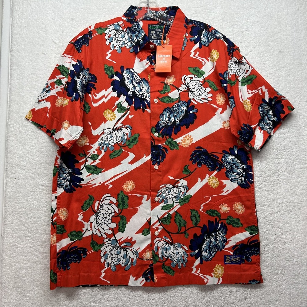 Superdry Mens Size L Red Vintage Hawaiian Short Sleeve Button Up Shirt (V3)
